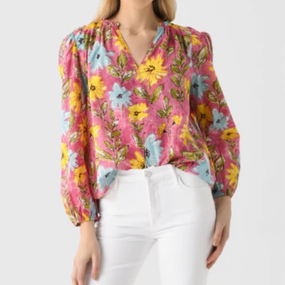 Velvet Graham & Spencer Marysia cotton bright floral V-neck long sleeve blouse S